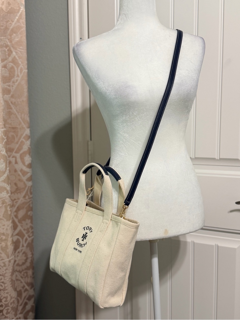 Tory Burch Cream/Navy Canvas Tote with  Leather Strap
